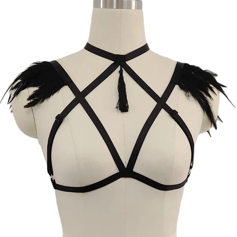 

Feather Cage Bra Gothic Sexy Lingerie Tassels Pendant Body Harness Open Chest Feather Bra Suspender Belt Bondage Top Cage