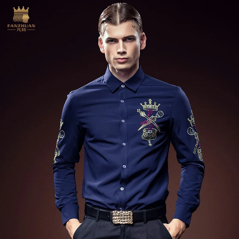 Free Shipping fashion casual male long sleeved men's 2016 man embroidered velvet court personality slim thickened shirt 612107