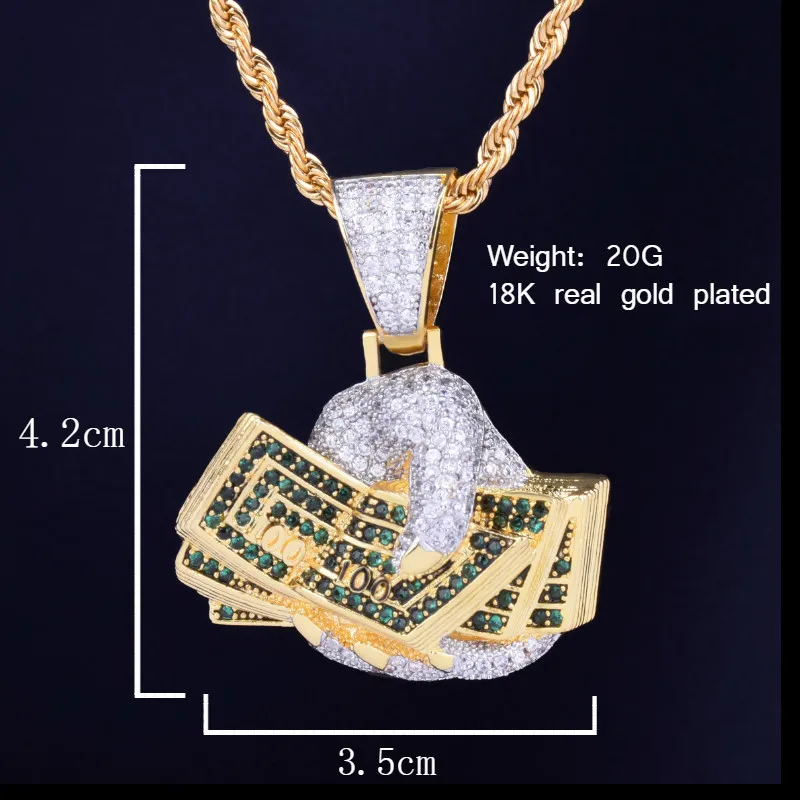 Hand Money Dollar Necklace & Pendant  Gold Color AAA Cubic Zircon Hip Hop Rock Jewelry