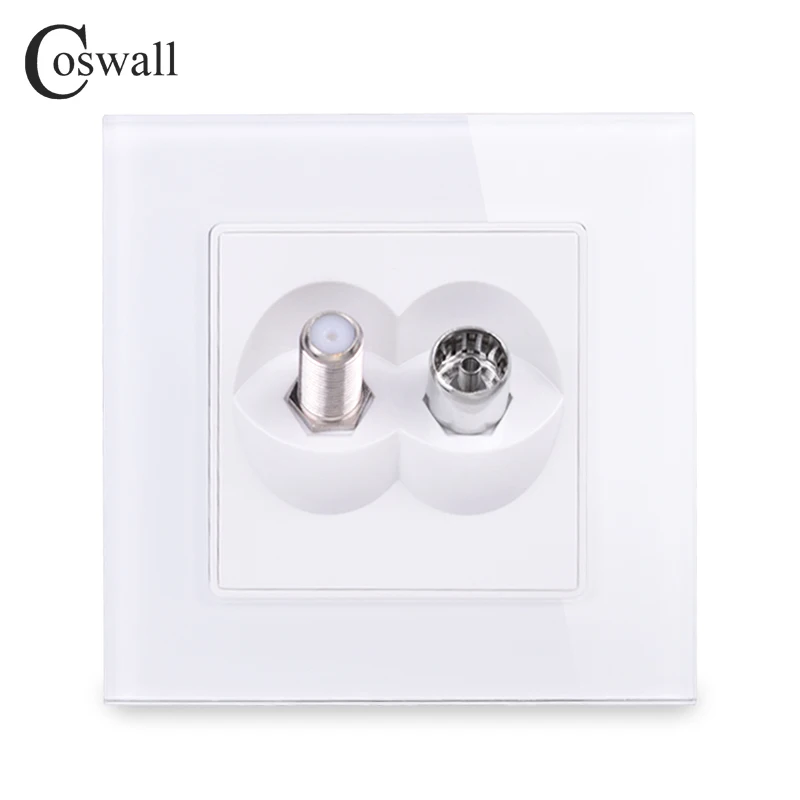 Coswall Tempered Crystal Glass Panel Female TV Connector With Satellite Outlet Wall Socket Black White Gold Grey Colorful Series