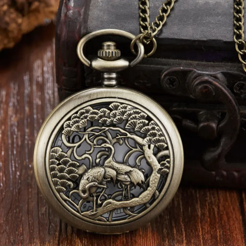 

Bronze Hollow Crane on the Tree Pocket Watch Men Women Slip Quartz Watch Steampunk Pendent Necklace Chain Christmas Gift