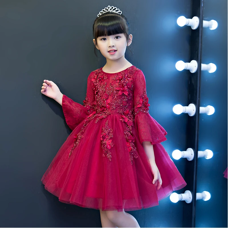 2017 Autumn Flower Girls Dresses For Wedding Red Lace Girl Formal Birthday Party Dress Princess Gown Kids Long Vestido