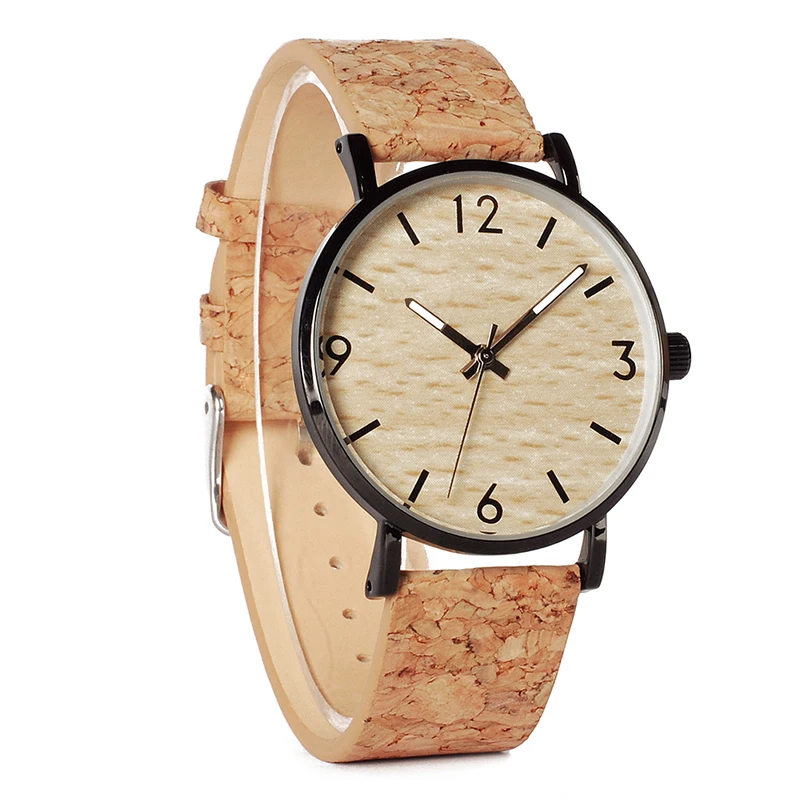 BOBO BIRD Mens Watches Wood Grain Dial Stainless Steel Case Quartz Watch with Soft Cork Bandfor Men as Gift Item