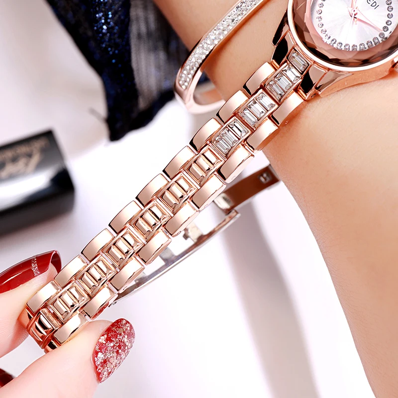 GEDI-ساعة كوارتز فاخرة للنساء ، سوار سبيكة ، ساعة يد نسائية ، لون ذهبي وردي