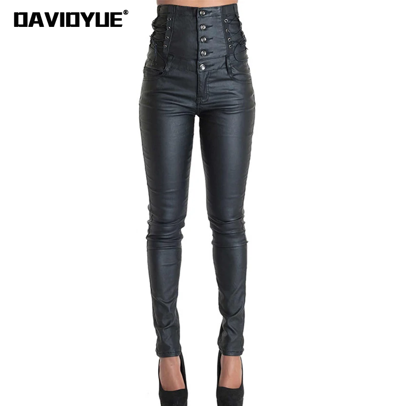 

Spring winter lace up Pu Leather Pants 2022 Punk high waist black pants Street buttton Skinny Stretch leggings pencil trousers