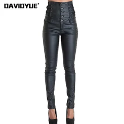 Spring winter lace up Pu Leather Pants 2022 Punk high waist black pants Street buttton Skinny Stretch leggings pencil trousers