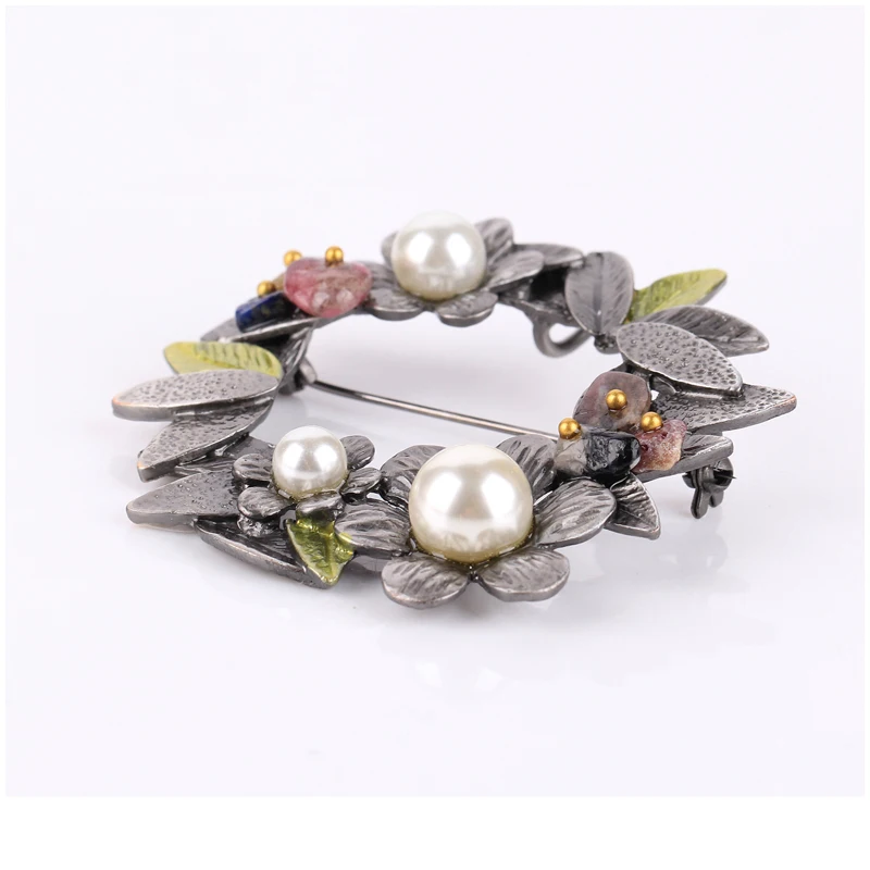 chenlege bouquet plant leaf women brooches enamel flower imitation pearl vintage brooch hijab fashion natural stone pins jewelry