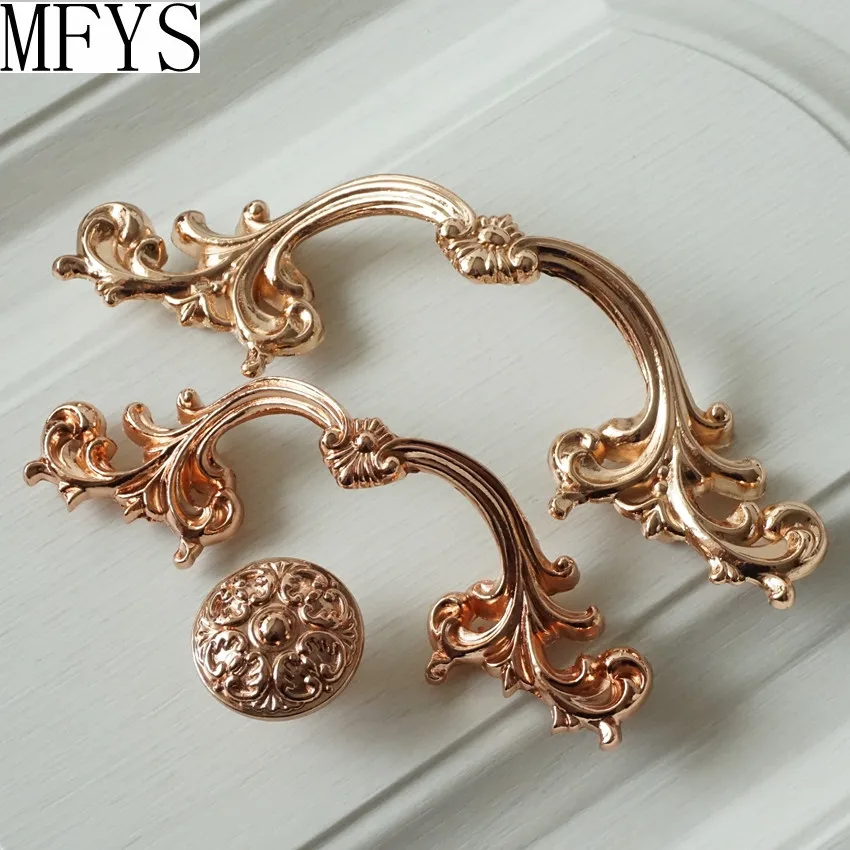 MFYS Rose Gold Shabby Chic Kitchen Cabinet Handles Zinc Alloy Furniture Hardware Vintage Wardrobe Pulls Cupboard Door Knobs