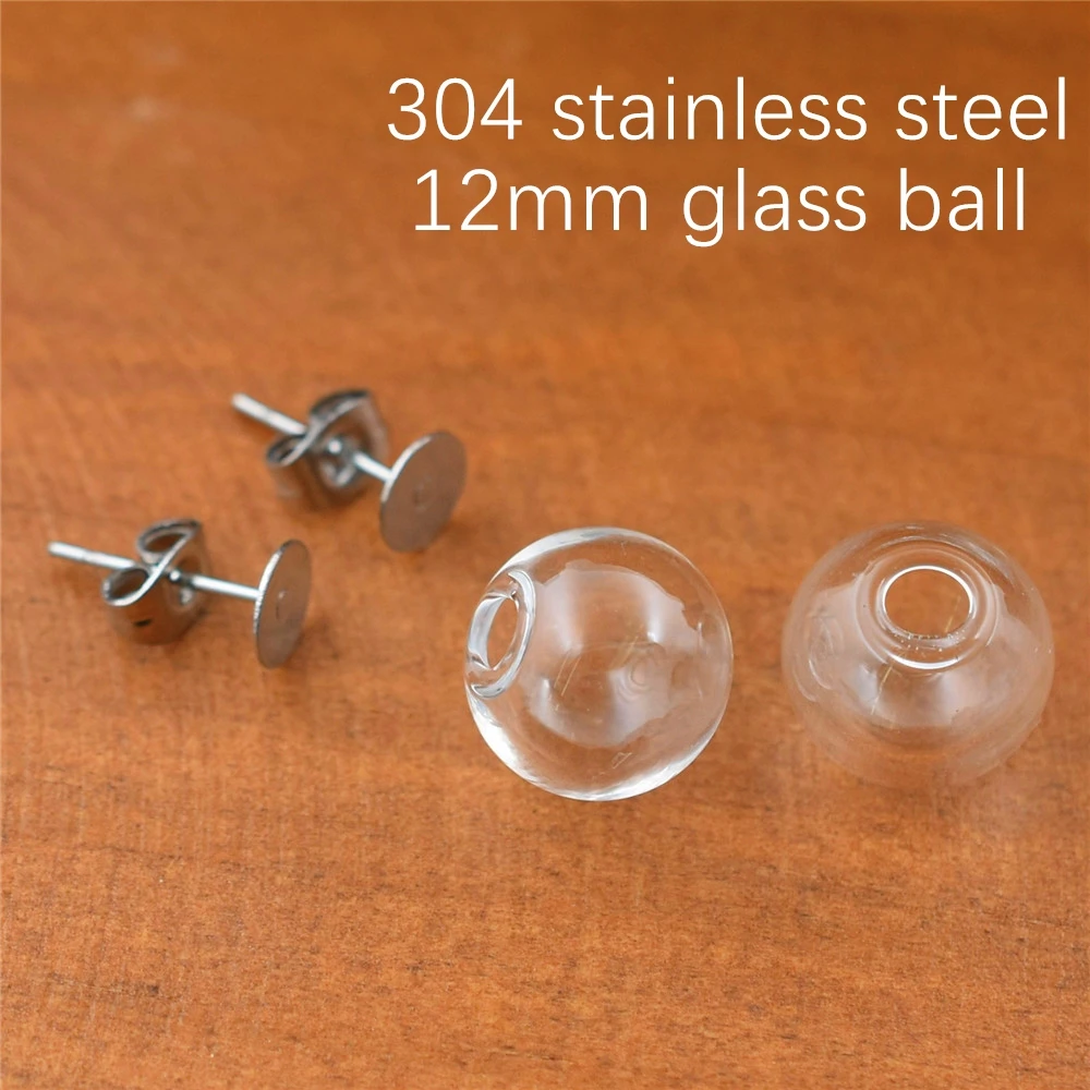 1pair Hollow Glass Ball With Ear Studs Stainless Steel Earrings Wire Set Orb Earring Glass Bottle