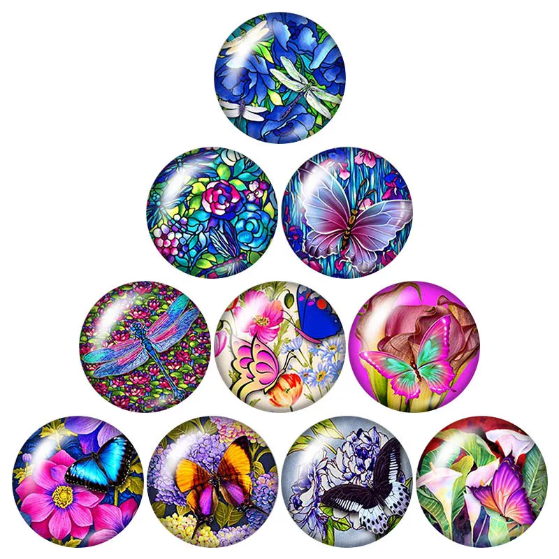 New Beauty Butterfly flowers 10pcs 12mm/18mm/20mm/25mm Round photo glass cabochon demo flat back Making findings