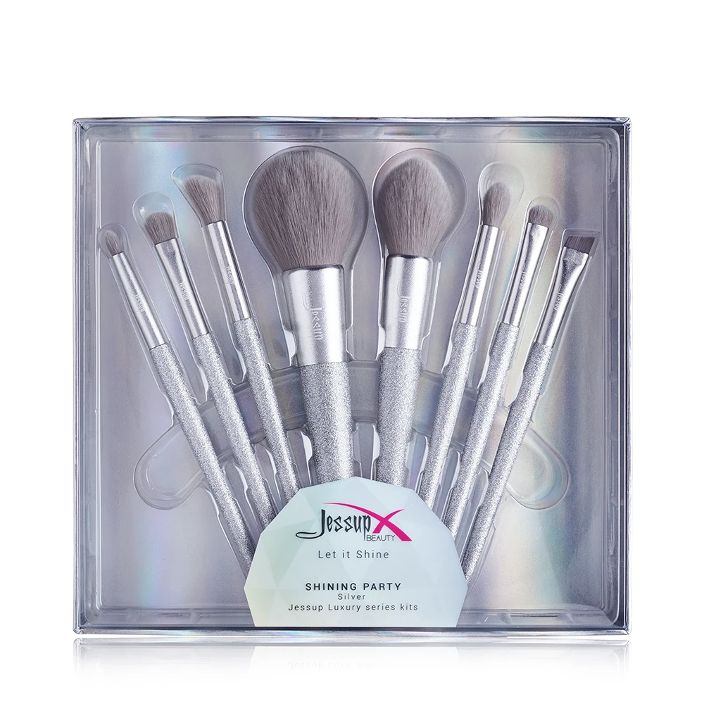 Jessup-Pinceau de maquillage 8 pièces, brosse à poudre, fard à barrage, fond de teint, cheveux synthétiques, boîte cadeau, fête brillante