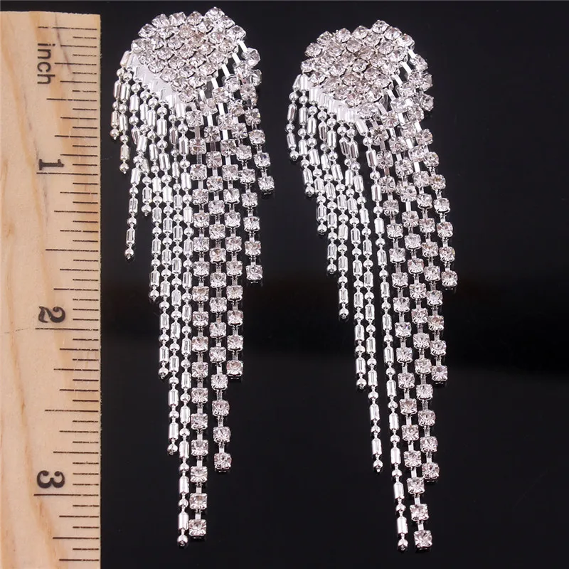 Grace Jun New Arrival Big Heart  Shape Tassel Rhinestone Clip on Earrings No Pierced Charm Chandelier Jewelry No Hole Ear Clip