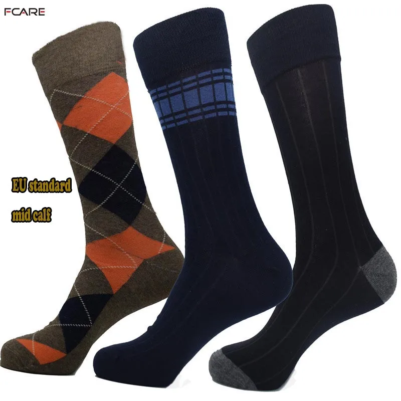 

Fcare 6PCS=3 pairs 44, 45, 46, 47 plus size big rhombus stripe blue black men dress long leg cotton crew socks