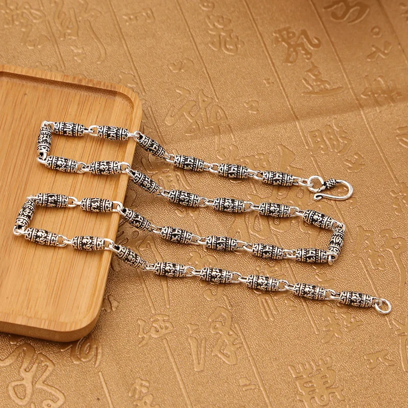 

Factory Wholesale S925 Sterling Silver Jewelry Retro Thai Silver Six-word Mantra Barrel Beads Trend Men And Women Necklace