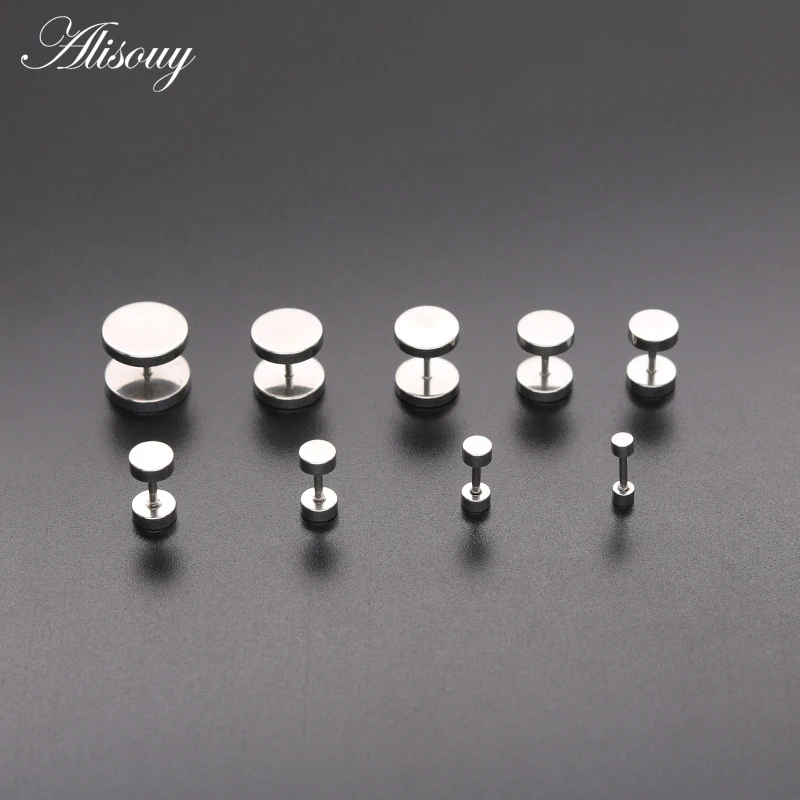 Alisouy 2pcs Fashion Punk Earrings Double Sided Round Bolt Stud Earrings Male Gothic Barbell Black Earrings Men Jewelry Gifts