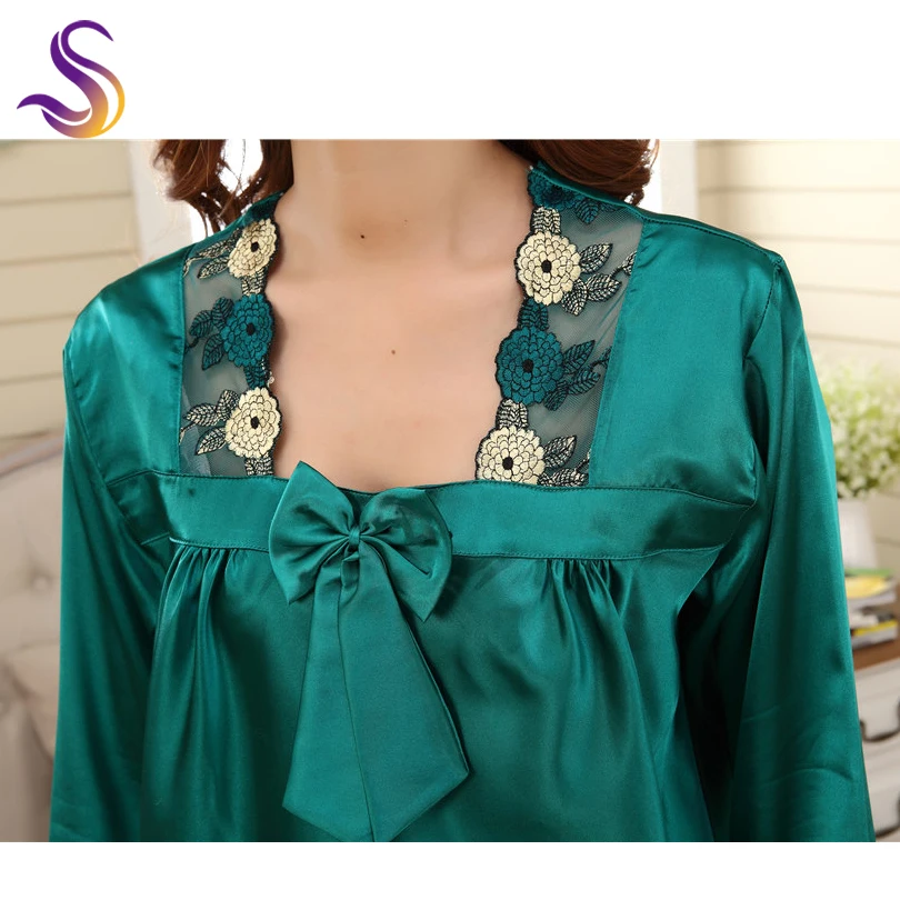 [BYSIFA] Summer Ladies Nightgown Pajamas Set Home Apparel Sleep Lounge Women Dark Green Embroidery Silk Sleepwear Long Sleeves