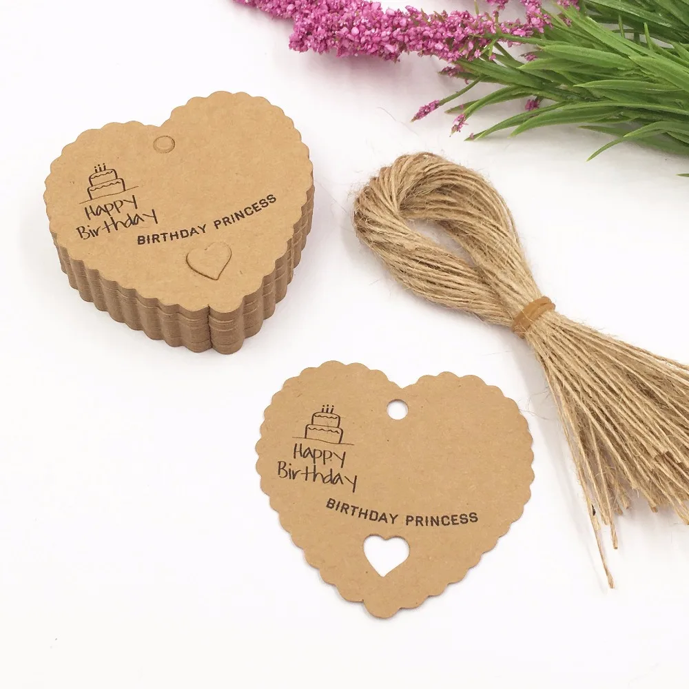 100pcs DIY Kraft Paper Tags Brown Heart Shape Label Luggage Wedding Note Hang tag Kraft Gift tags+100pcs hemp strings