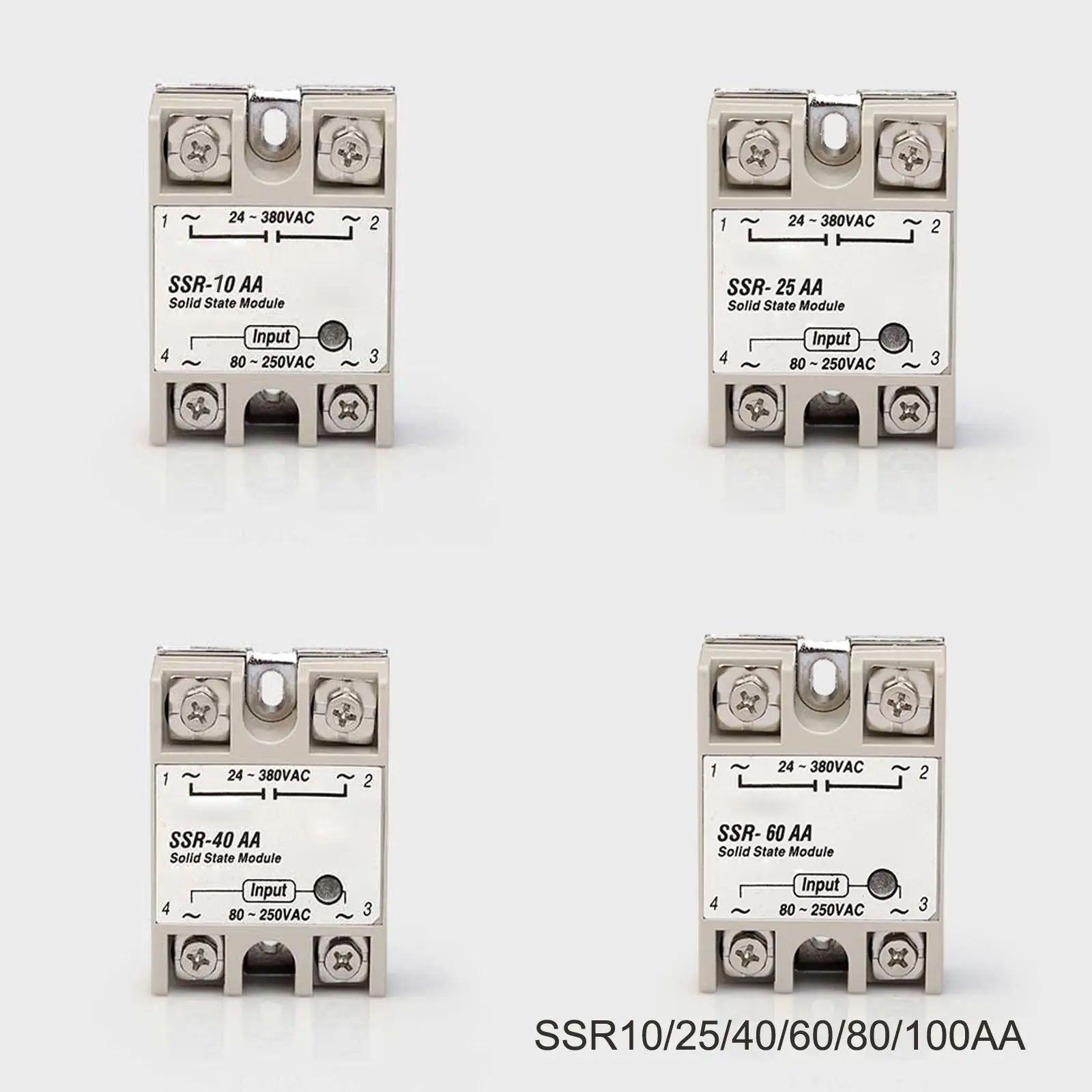 10A/25A/40A/50A/60A/75A/90A/100A SSR Single-phase Solid State Relay AC-AC Input 80-280VAC Load 24-380VAC