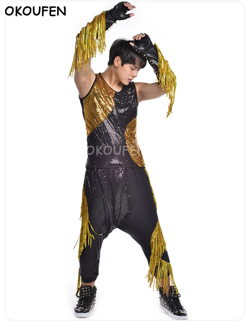 

Men Gold Tassel Jazz Dance Rock Drums Sequins Harem Pants Set Bar Nightclubs Females Singers Stage Performance Custom