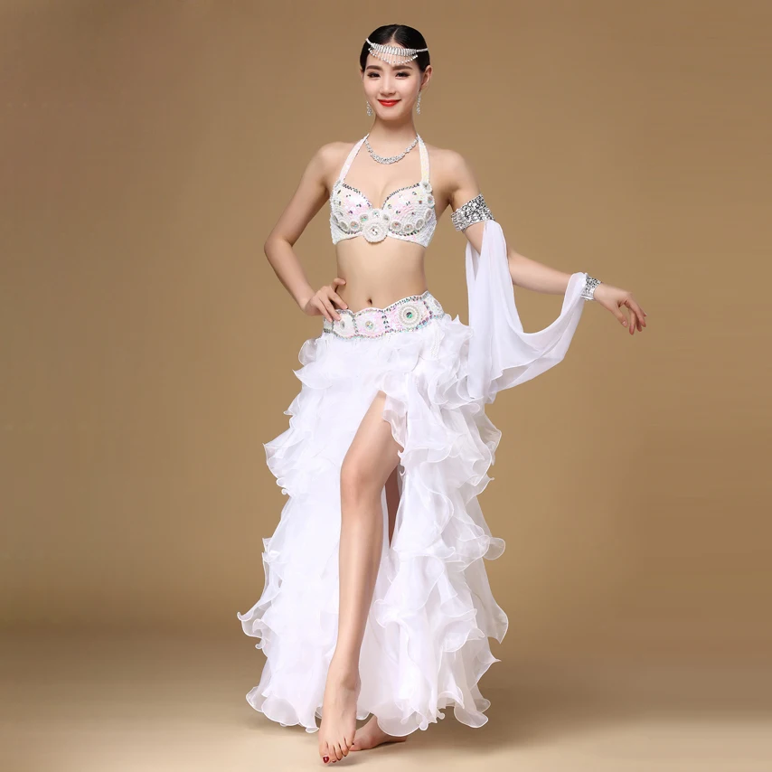 2019 New Stage Performance Belly Dancing Costumes 3 Pieces Eastern Style Sequined Beaded Top Belly Dance Bra Belt and Skirt