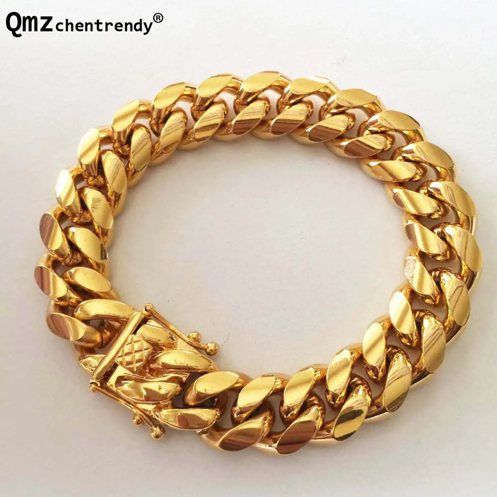 Top Quality Stainless Steel Curb Cuban Chain Dragon Clasp Lock Men Bracelet Fashion Hip hop Bangles Rocker Jewelry 8/10/12/14mm