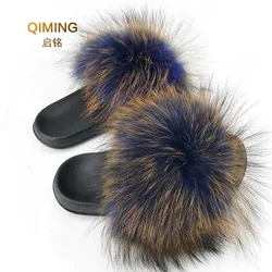 Women Raccoon Fur Slippers Outdoor Furry Slipper Fluffy Indoor House Fashion Summer Color Flip Flops flat shoes Woman Sandals