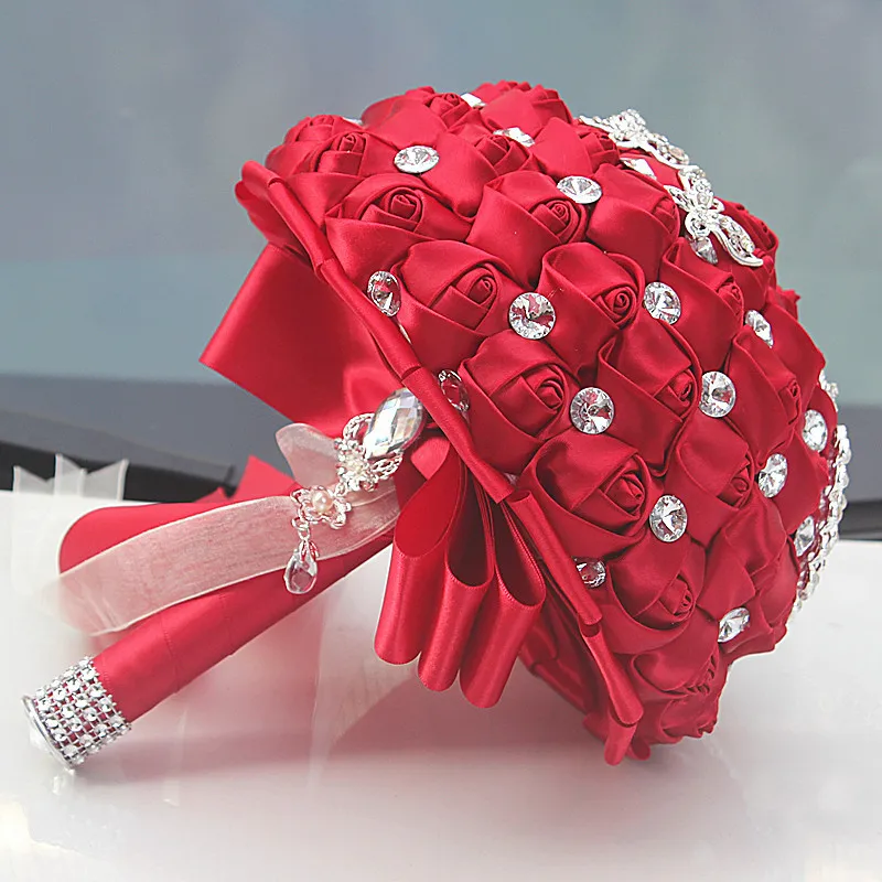 JaneVini Bling Red Satin Roses Wedding Brooch Bouquet Crystal Beaded Artificial Bridal Flowers Weddings Hand Bridesmaid Bouquet