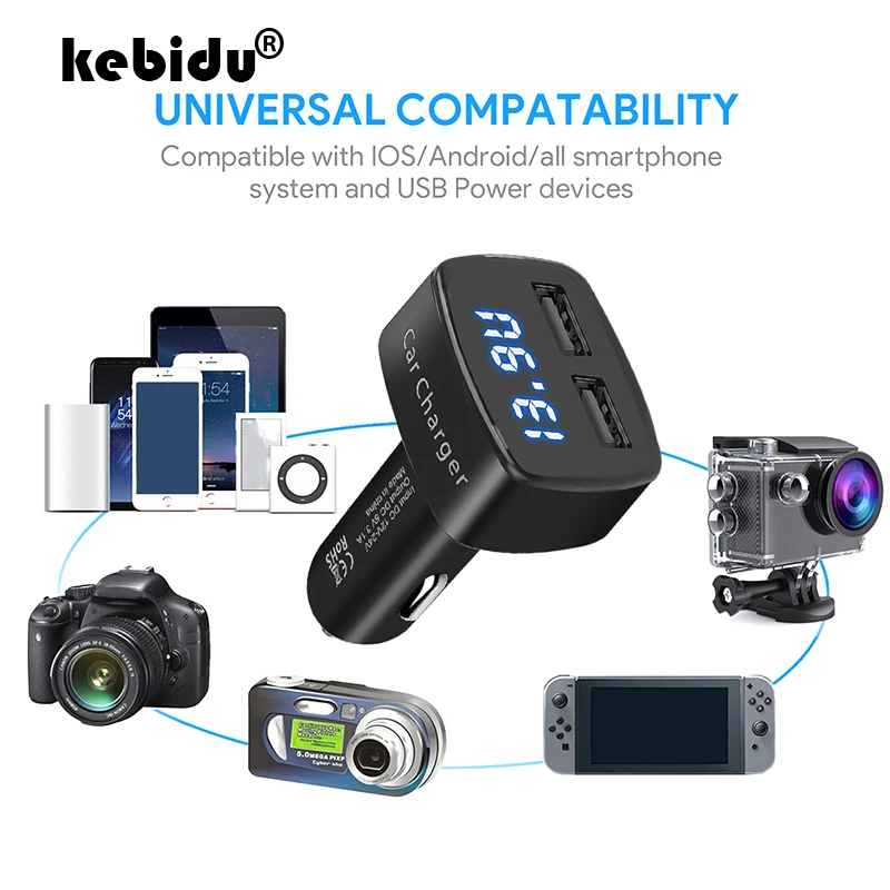 kebidu Universal Dual USB 2 Port Charger 4 in 1 Car DC 5V 3.1A Digital Red /Blue LED Display Temperature/Current/Voltage