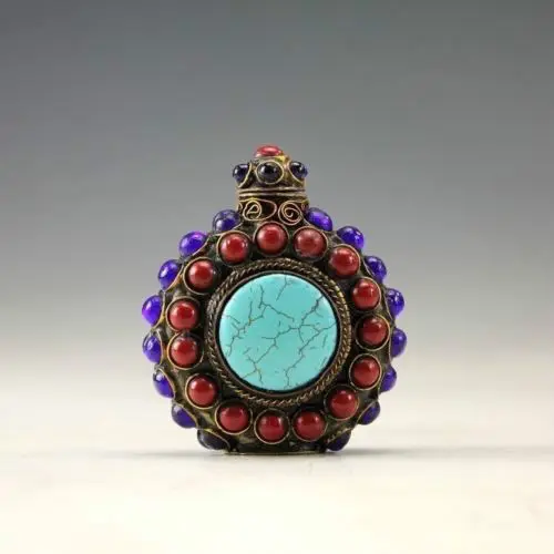 

Elaborate Oriental Vintage Handwork Brass Inlaid with Beads Snuff Bottle