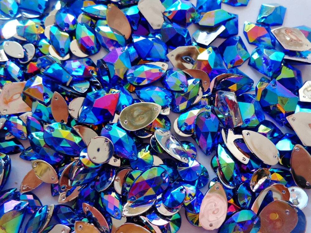 Big promotion 300pcs mixed shape size sew on rhinestones deep blue AB colour Acrylic Crystal loose Beads hand sewing strass