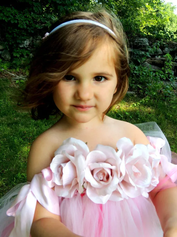 Hermoso vestido de flores rosas para niña, Vestido largo de tul de ganchillo para niña, vestido de bola con diadema de rosa, vestido de tutú de fiesta de noche para niño