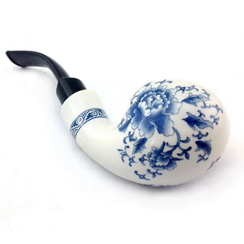 MUXIANG Handmade Ceramic Pipe Bending Type Blue and White Porcelain Smoking Pipe Double Insulation Clay Fugu Tobacco Pipe an0001