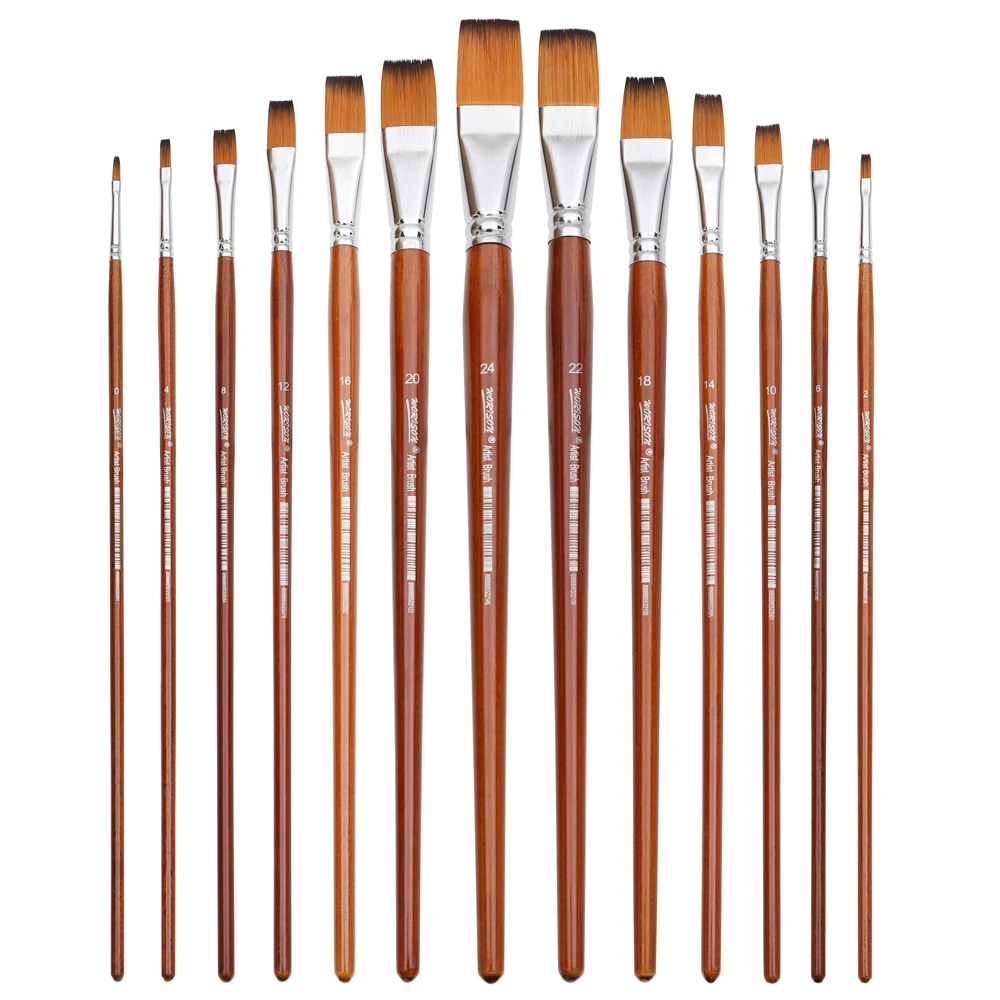 Dainayw 13Pcs Flat Brushes for Long Handle Acrylic Oil Watercolor Artist  Professional Painting Kits with Synthetic Nylon Tips