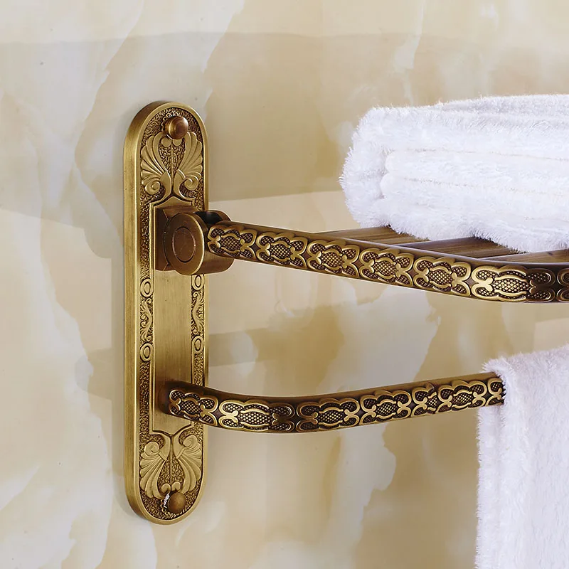 VidricShelves Brass 2 Tier Towel Bars Rack Bath Holder Retro Carved Pattern Wall-mounted Bathroom Accessories Shelf FE-8701