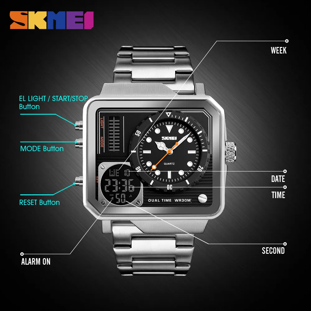 SKMEI Stainless Steel Strap Watches Men Digital Electronic Watch Day Date Display Personality Alarm Watchs Relogio Masculino