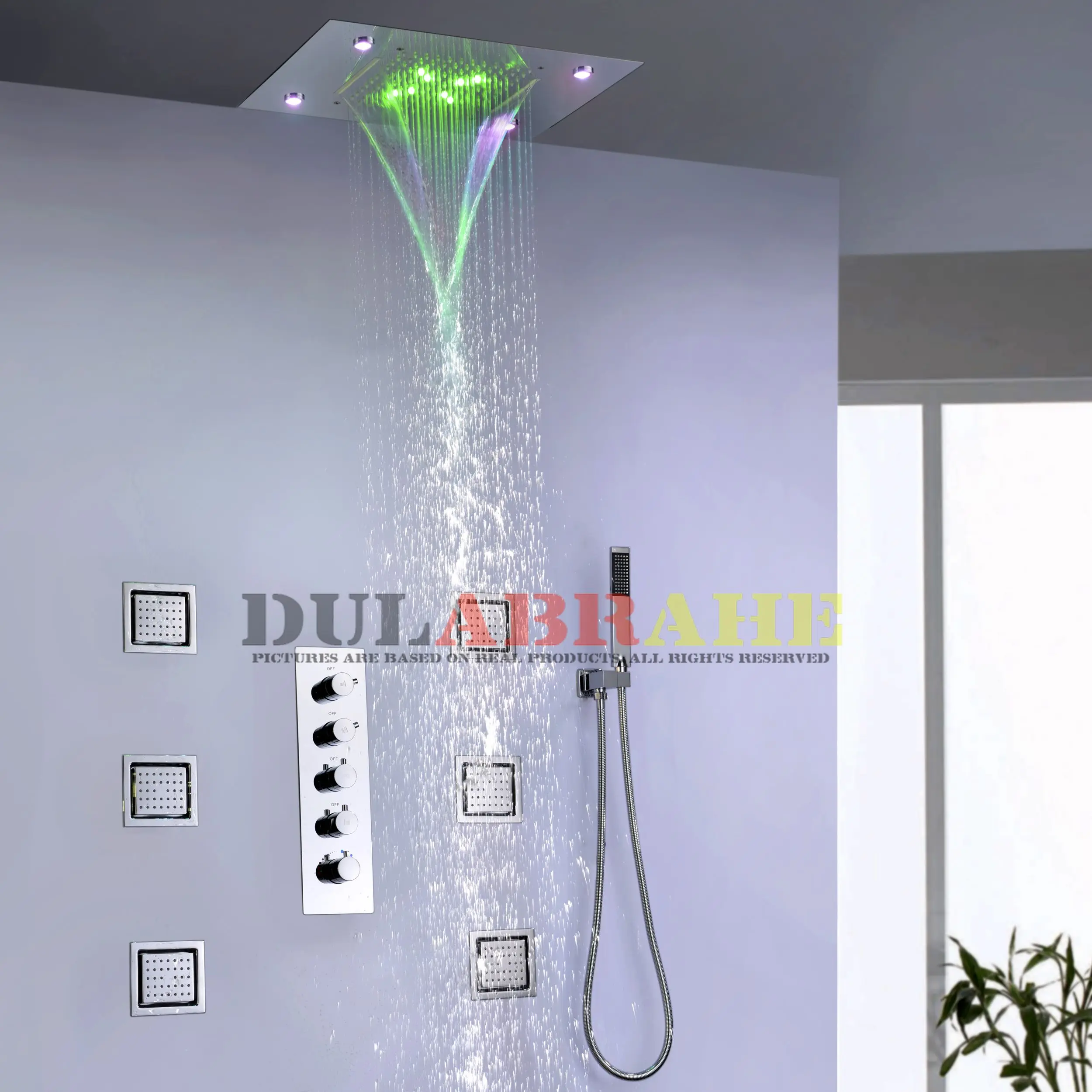 Bathroom Shower Faucet Mixer Set Hot And Cold Thermostatic Shower Valve Rain LED Shower Head Functions Hand Shower