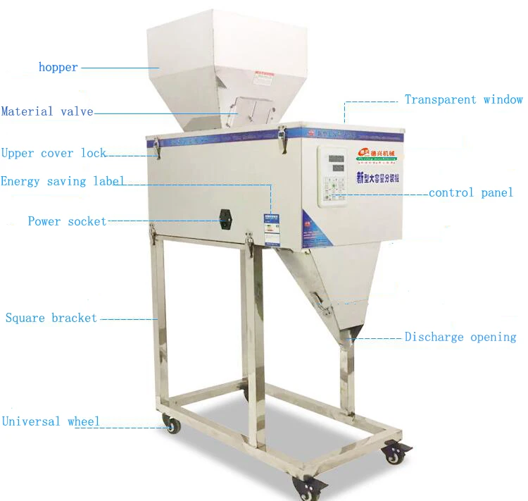 Автоматическая упаковочная машина для взвешивания пищевых продуктов, 20-1500 г, машина для наполнения фурнитуры для порошка, гранулированного чая, версия с двойным вибратором