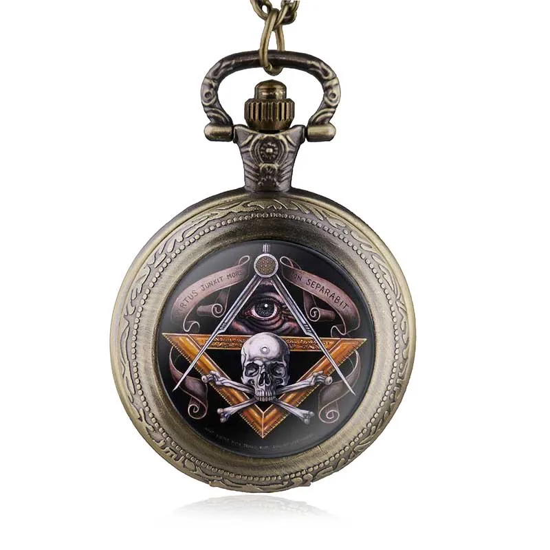 Antique Vintage Skull Masonic Pocket Watch Retro Bronze Pendant Necklace Quartz Watches Men Gifts