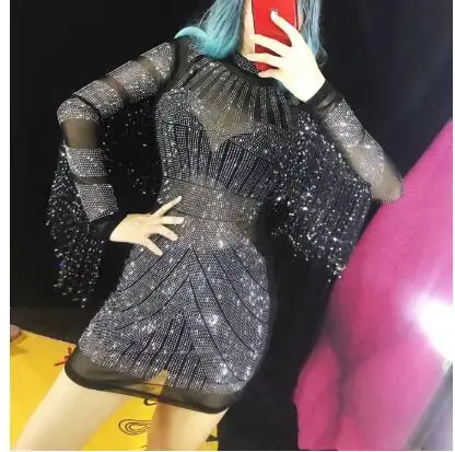 

2019 Black Mesh See Through Dress Costume Female Performance Fringe Sleeves Perspective Dress Women Singer Stage Show Wear