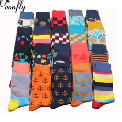 PEONFLY 26 Colors Brand Quality Mens Happy Socks Striped Plaid Socks Men Combed Cotton Calcetines Largos Hombre