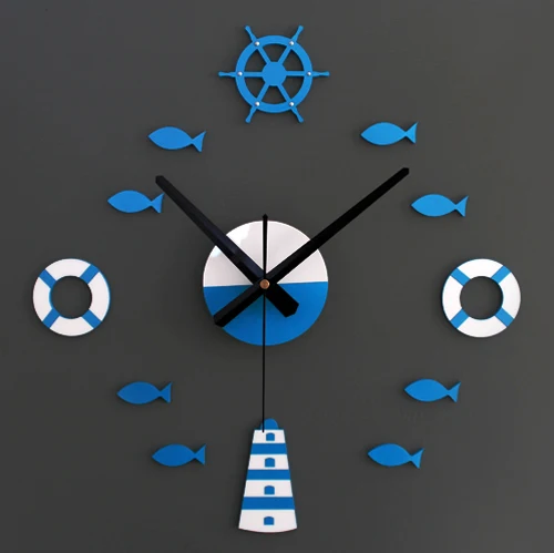 Home DIY Wall Sticker Clocks Life Buoy Blue Sea Ship Fishes Type Wall Clocks Kids Room Gifts Decor Children Wall Sailor Watches