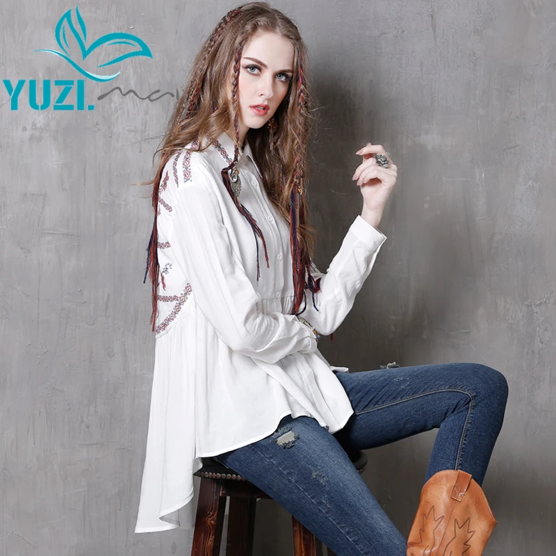 

Women Blouses 2017 Yuzi.may Boho New Cotton Linen Blouse Long Sleeve Turn-down Collar Embroidery Asymmetrical Loose Blusas B9119