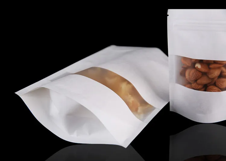 100pcs Stand Up White Paper Frosted Window Zip Lock Bag Resealable Snack Nuts Coffee Powder Biscuits Beaf Spice Storage Pouches