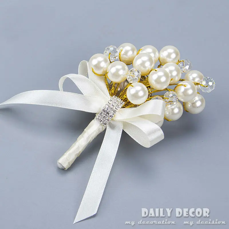 Custom ! Handmade Pearl Crystal Rhinestones wedding bride / groom boutonnieres Ivory fancy party corsages flor en el ojal