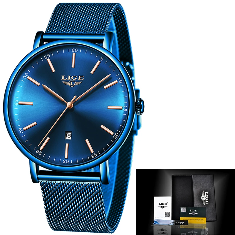 LIGE Mens Watches Top Brand Luxury Waterproof Ultra Thin Clock Blue Mesh Belt Fashon Casual Quartz Watch Men Sport Wrist Watch