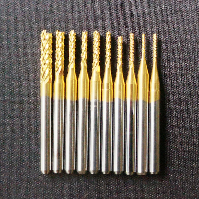 Fraise en bout de maïs, revêtement en étain de 3.175mm, PCB bits de fraisage pour PVC PCB CNC routeur bits 0.8mm à 3.0mm 10 pièces/lot