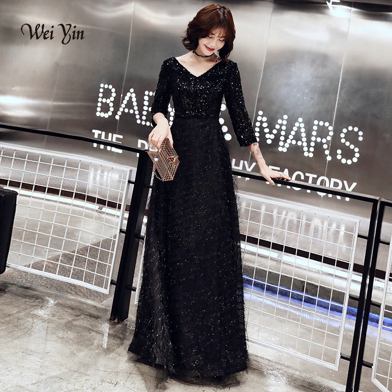 

weiyin 2023 V Neck Half Sleeves Long Evening Dress Vestido De Festa Longo A-line Lace Prom Dresses Robe De Soiree WY1577