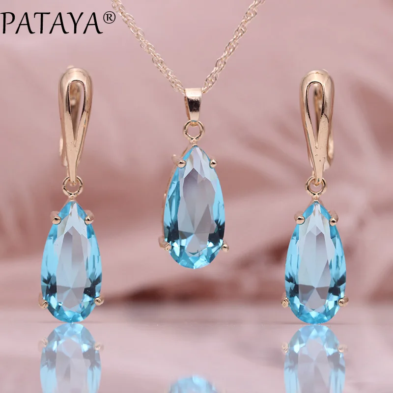 PATAYA New Blue Water Drop Earrings Pendants Necklaces Sets 585 Rose Gold Color Natural Zircon For Women Fashion Jewelry Set