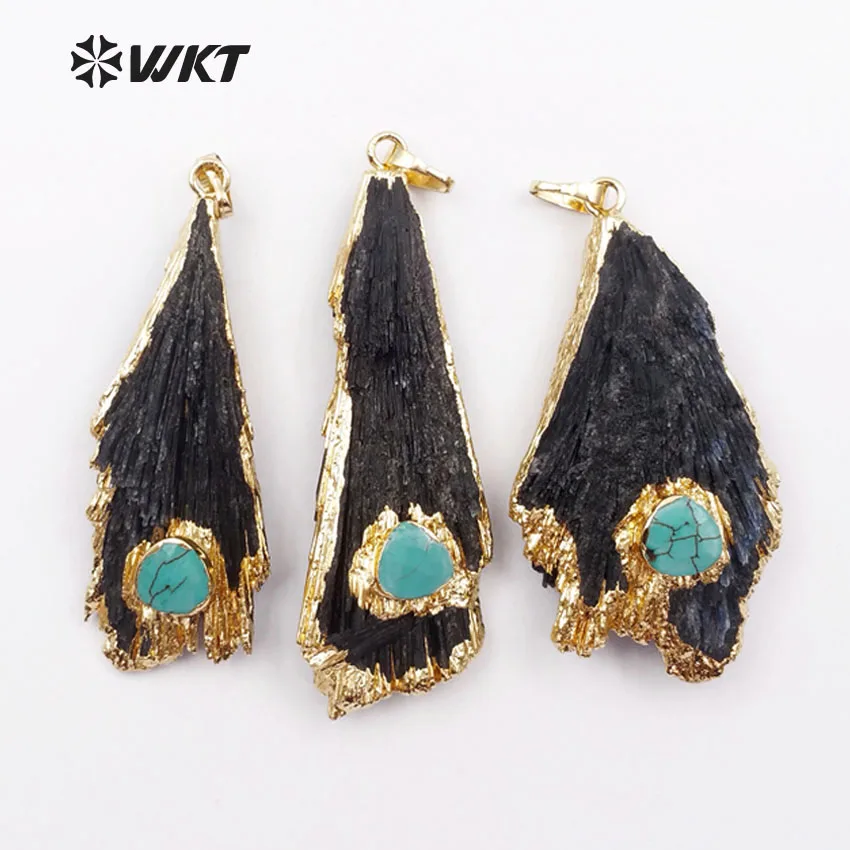 WT-P1132 Random Shape Black Obsidian With Green Stone Charm Pendant Gold Trim Black Kyanite Pendant Birthday Gift For Her