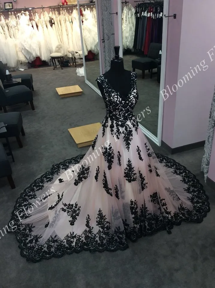 Blush/Black Wedding Dresses 2019 Mary Bridal with V Neck V Back Appliques Tulle A-Line Brides Gowns Sleeveless Country Garden